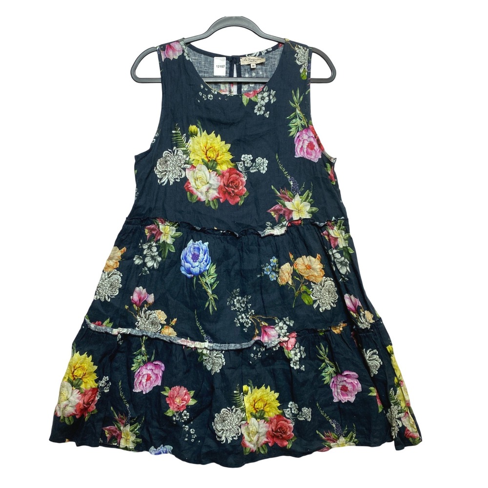 Le Ragazze Linen Dress Womens M Navy Sleeveless Floral Tiered Made In Italy